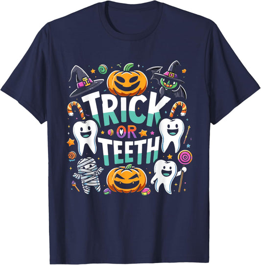Trick Or Teeth Funny Dentist Halloween Dental Hygienist T-Shirt - T-Shirt | Navy