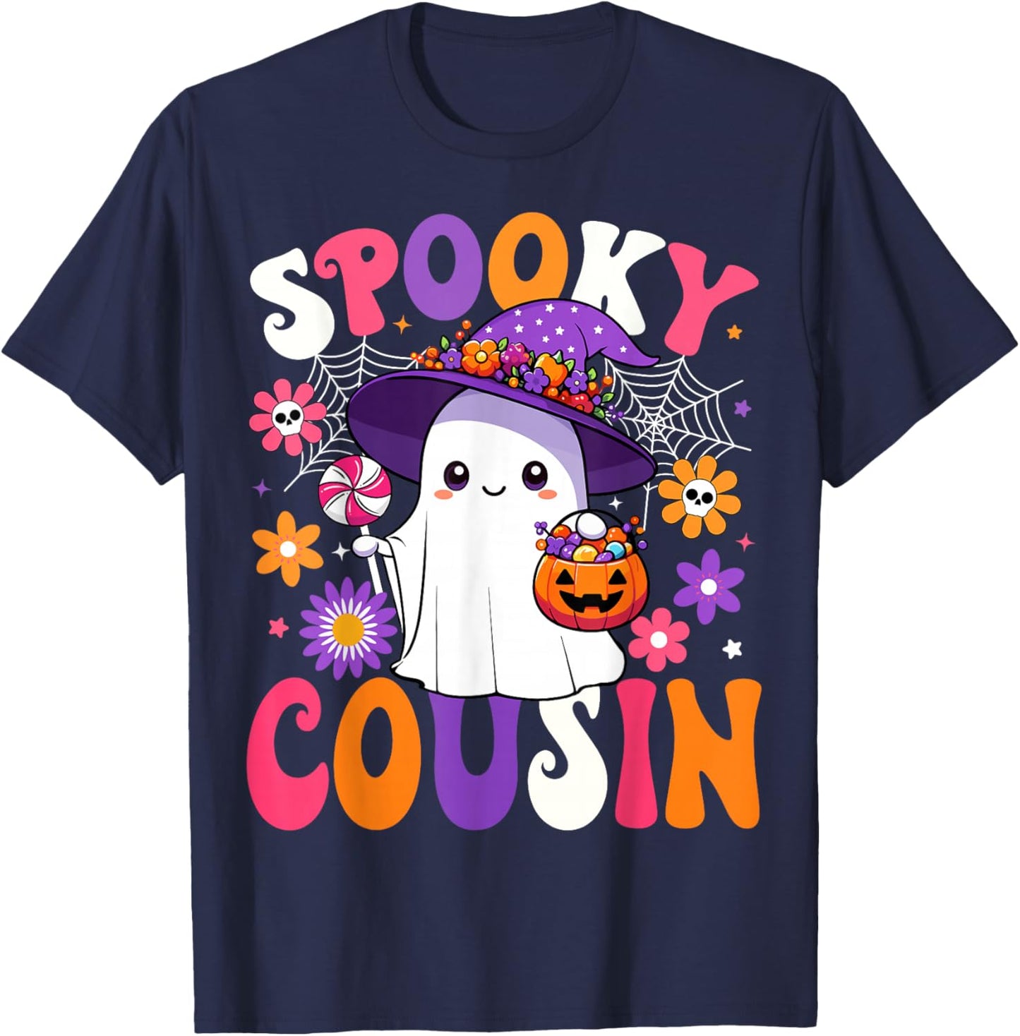 Groovy Spooky Cousin Halloween Ghost Pumpkin Halloween T-Shirt - T-Shirt | Navy