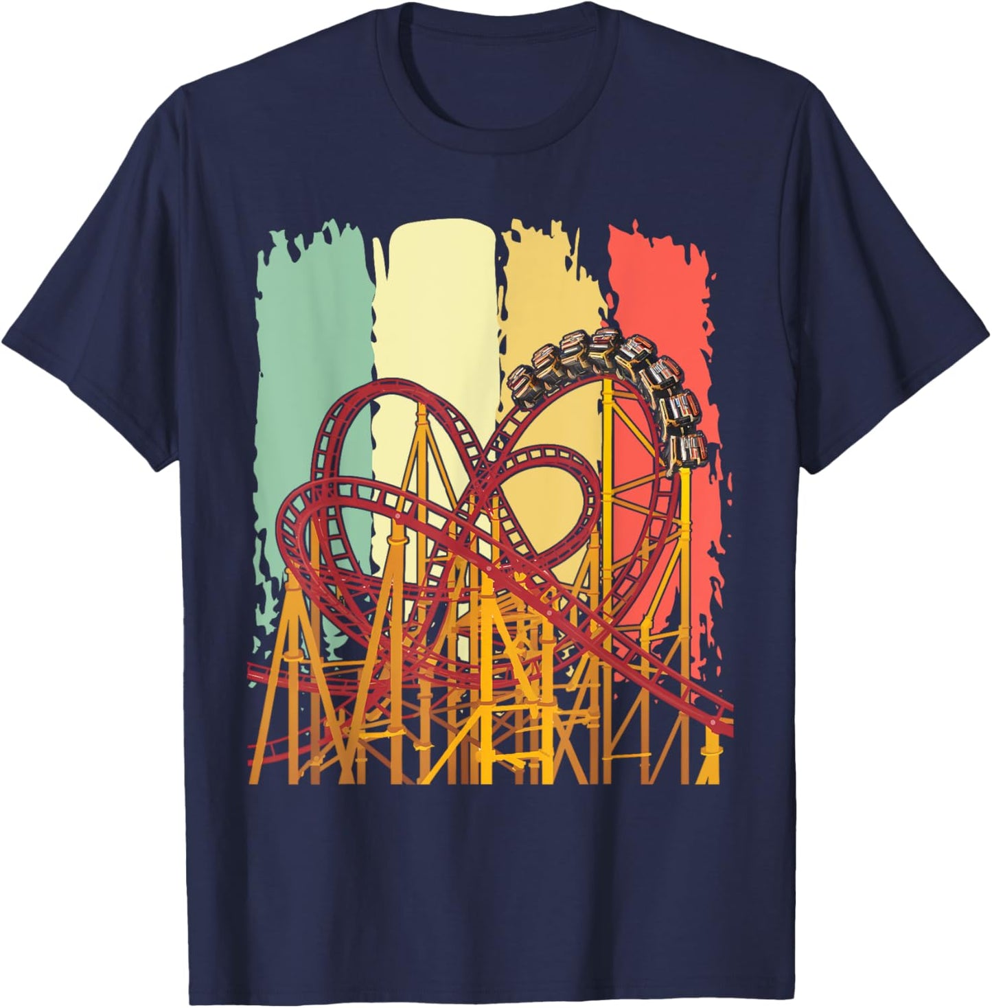 Roller Coaster Lover Gift Co. Retro Roller Coaster - -Adults/Kids - Black - Small - Short Sleeve - Classic Fit - Cotton Blend - Machine Wash T-Shirt - T-Shirt | Navy