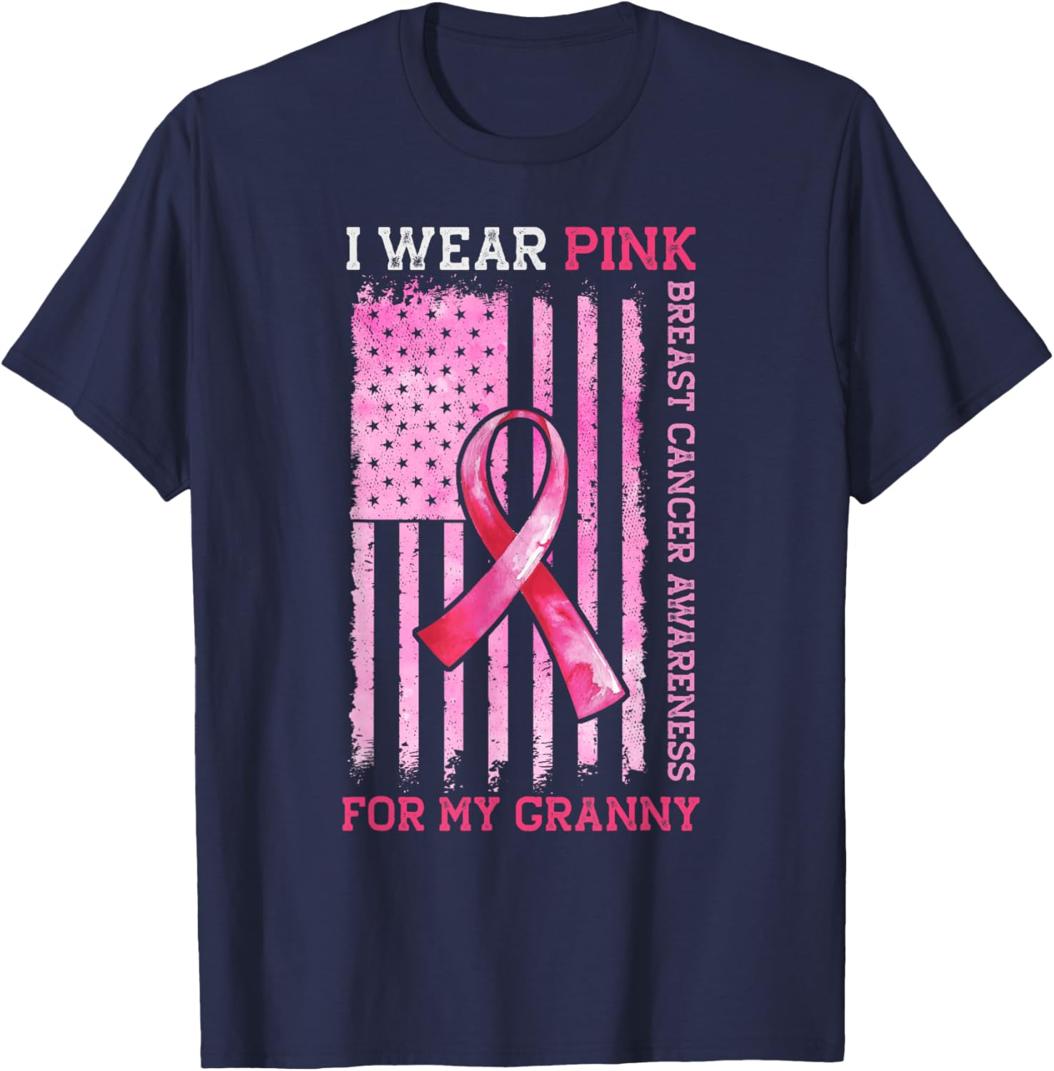 I Wear Pink For My Granny American Flag Breast Cancer T-Shirt - T-Shirt | Navy