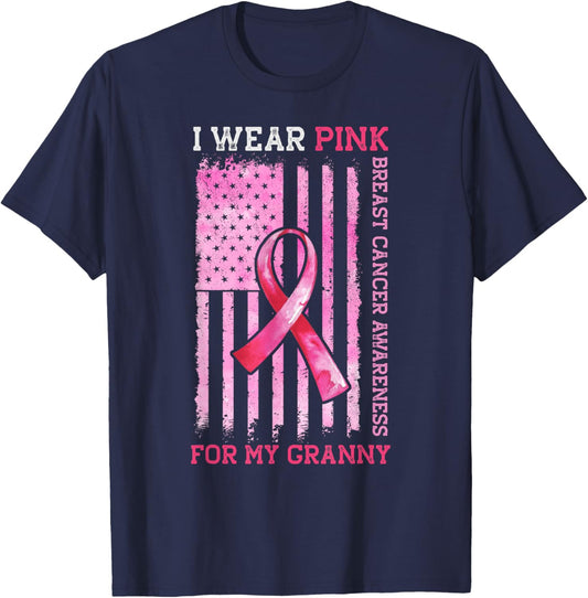 I Wear Pink For My Granny American Flag Breast Cancer T-Shirt - T-Shirt | Navy