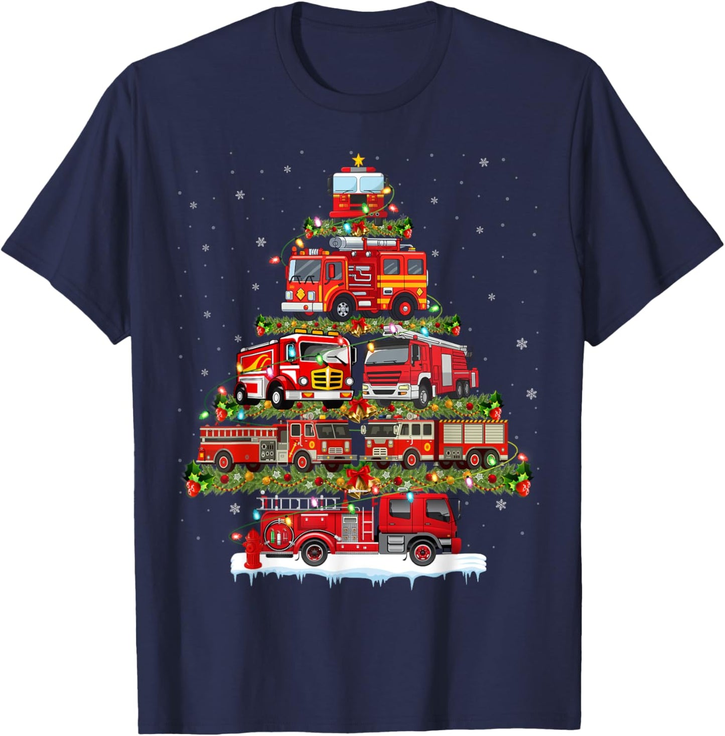 Fire Truck Xmas Lights Firefighter Fire Truck Christmas Tree T-Shirt - T-Shirt | Navy