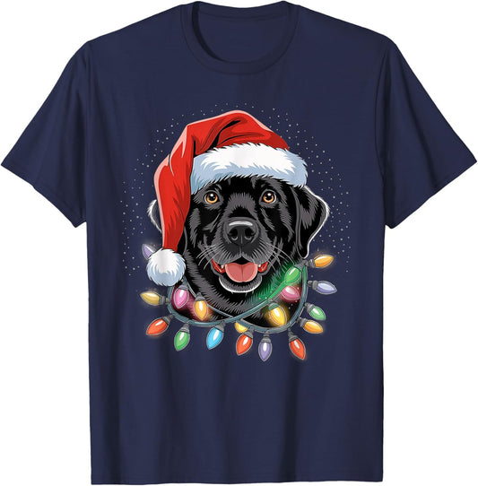 Black Lab Labrador Christmas Tree Light Pajama Dog Xmas Women Kids T-Shirt - T-Shirt | Navy