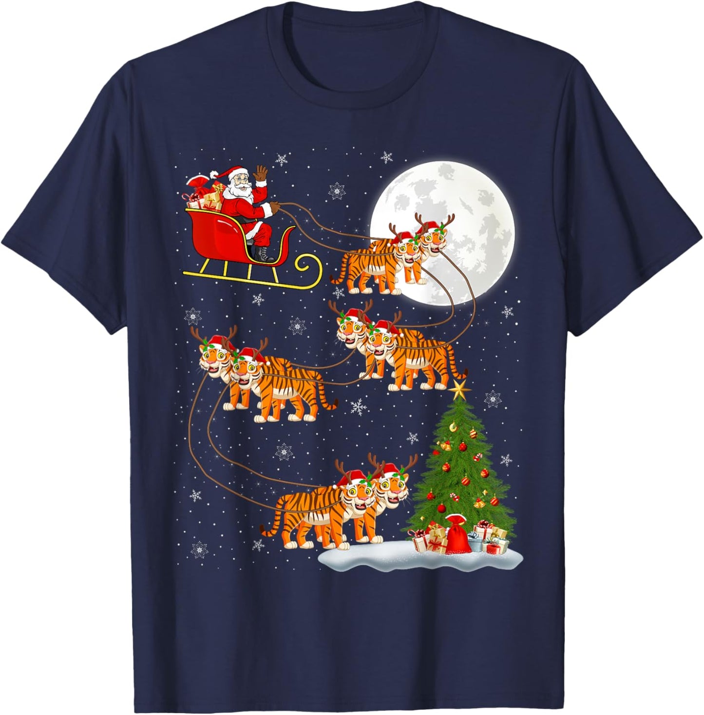 Xmas Tree Lights Funny Santa Riding Tiger Christmas T-Shirt - T-Shirt | Navy