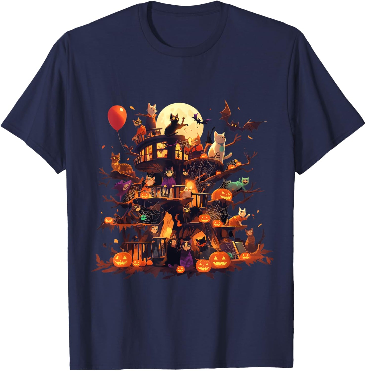 Cat Pumpkin Haunted House Horror Halloween Gifts Women Kids T-Shirt - T-Shirt | Navy