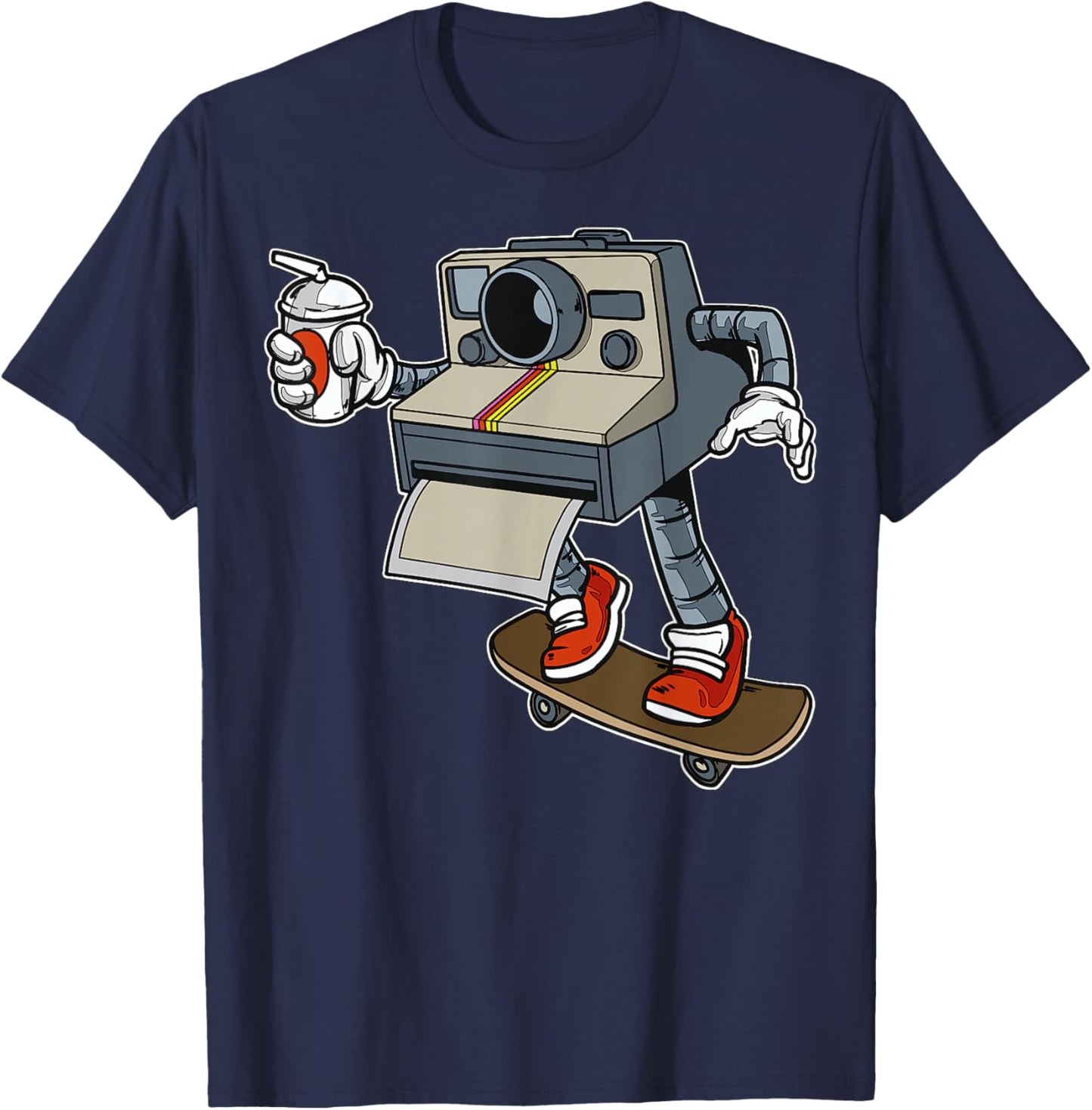 Cartoon Camera On Skateboard Playful Retro Character T-Shirt - T-Shirt | Navy
