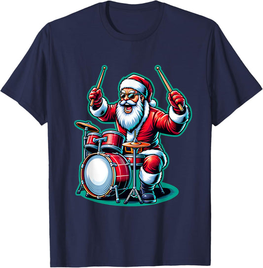 Rock & Roll Santa Xmas Drummer Drums Christmas Music T-Shirt - T-Shirt | Navy