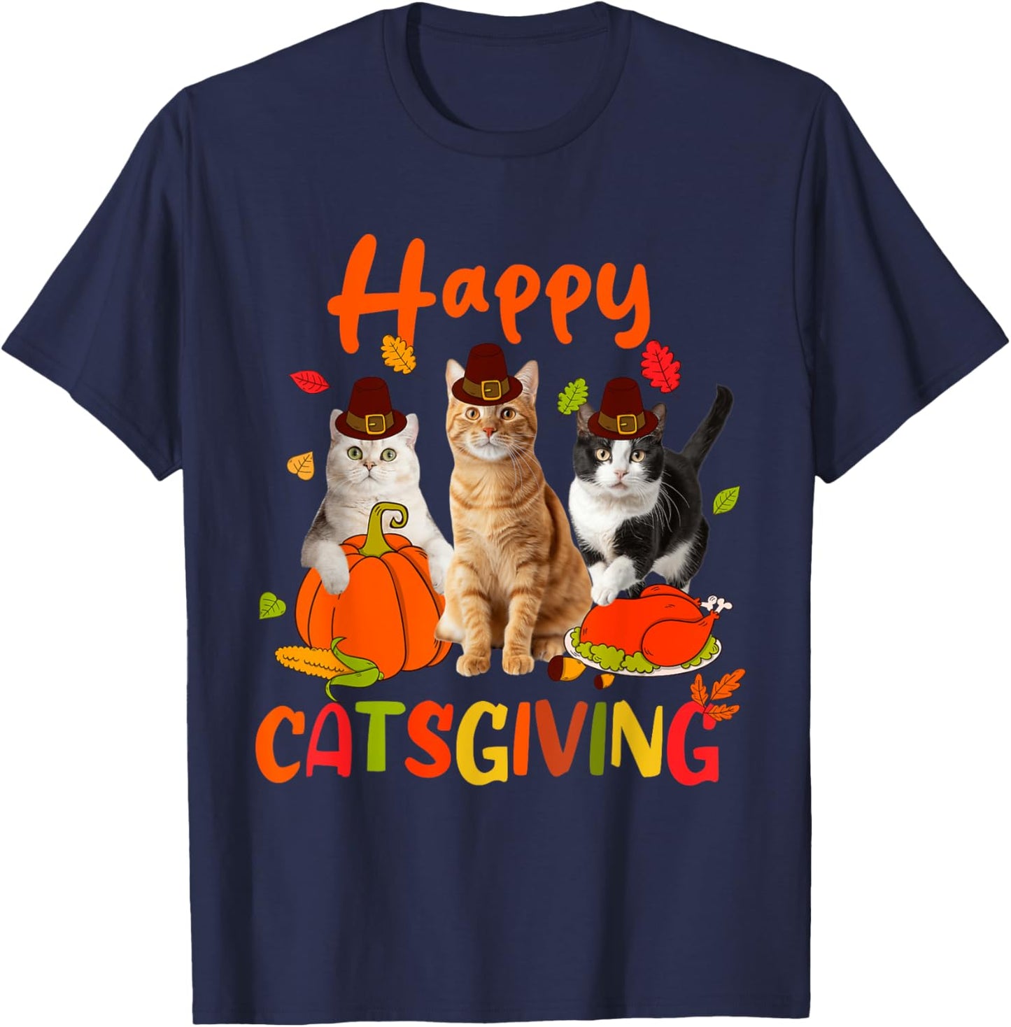 Happy Catsgiving Thanksgiving Kitten Cat Wears Pilgrim Hat T-Shirt - T-Shirt | Navy