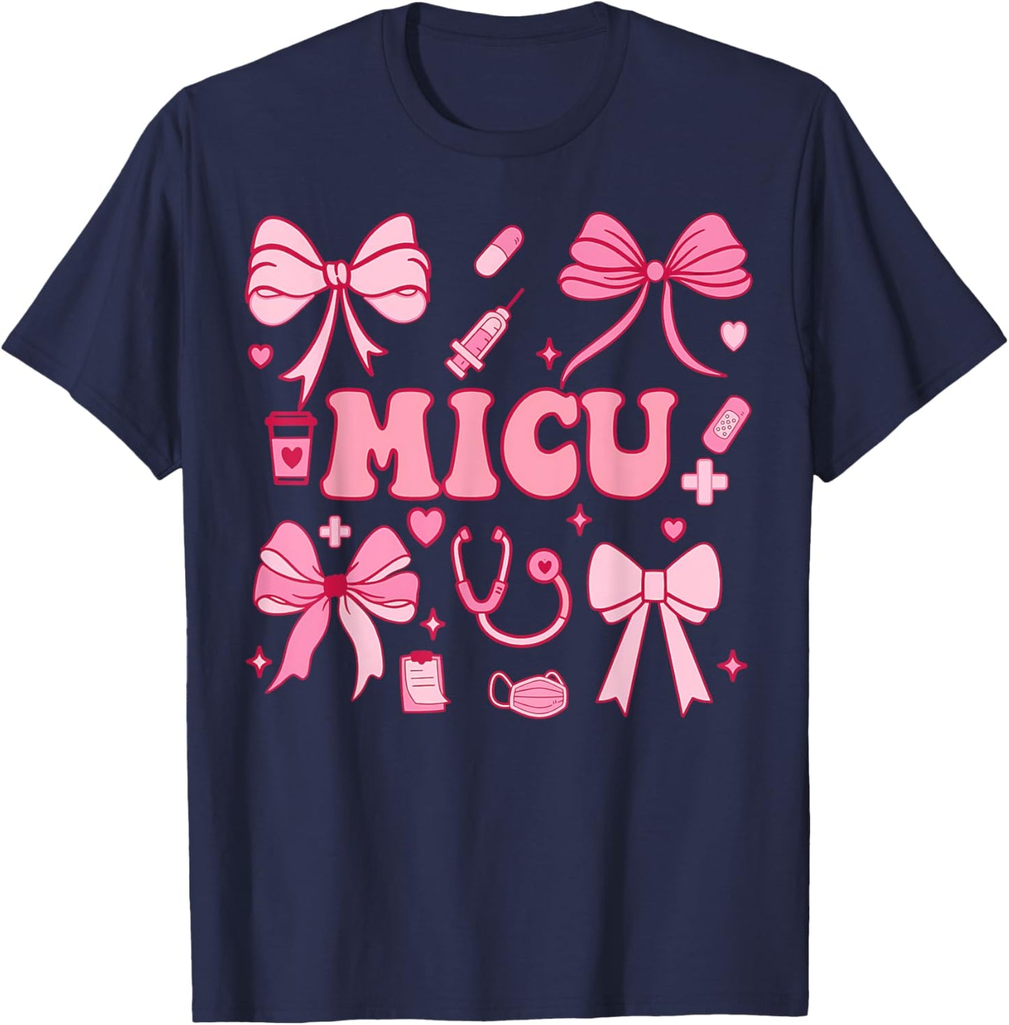 Coquette Bow MICU Nurse Medical Intensive Care Unit Heart T-Shirt - T-Shirt | Navy