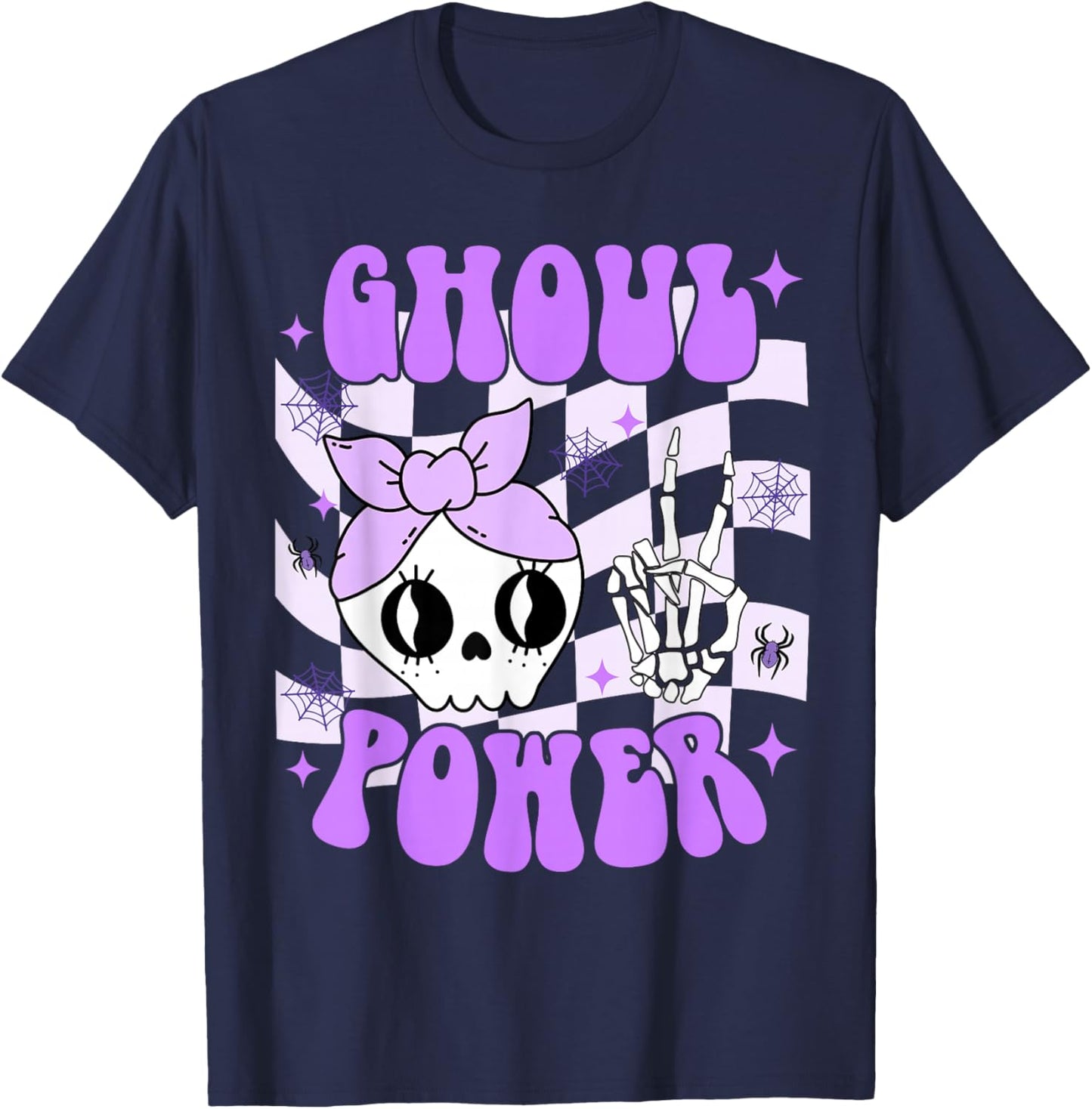 Ghoul Power Halloween Skeleton Peace Hand Checkered Girl Kid T-Shirt - T-Shirt | Navy