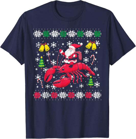 Christmas Santa On Lobster Ugly Xmas Crayfish Men Women Kids T-Shirt - T-Shirt | Navy
