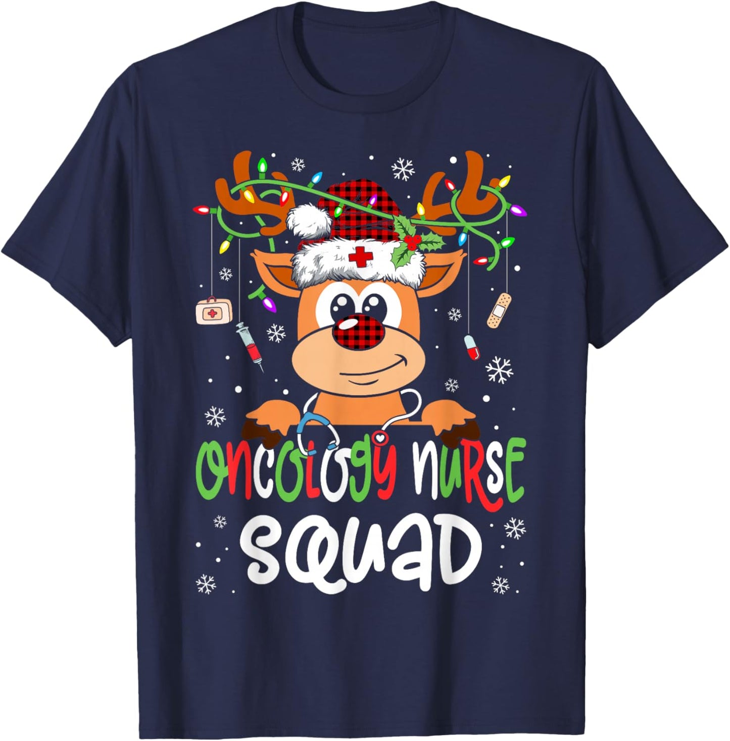 Oncology Nurse Squad Reindeer Stethoscope Nurse Christmas T-Shirt - T-Shirt | Navy