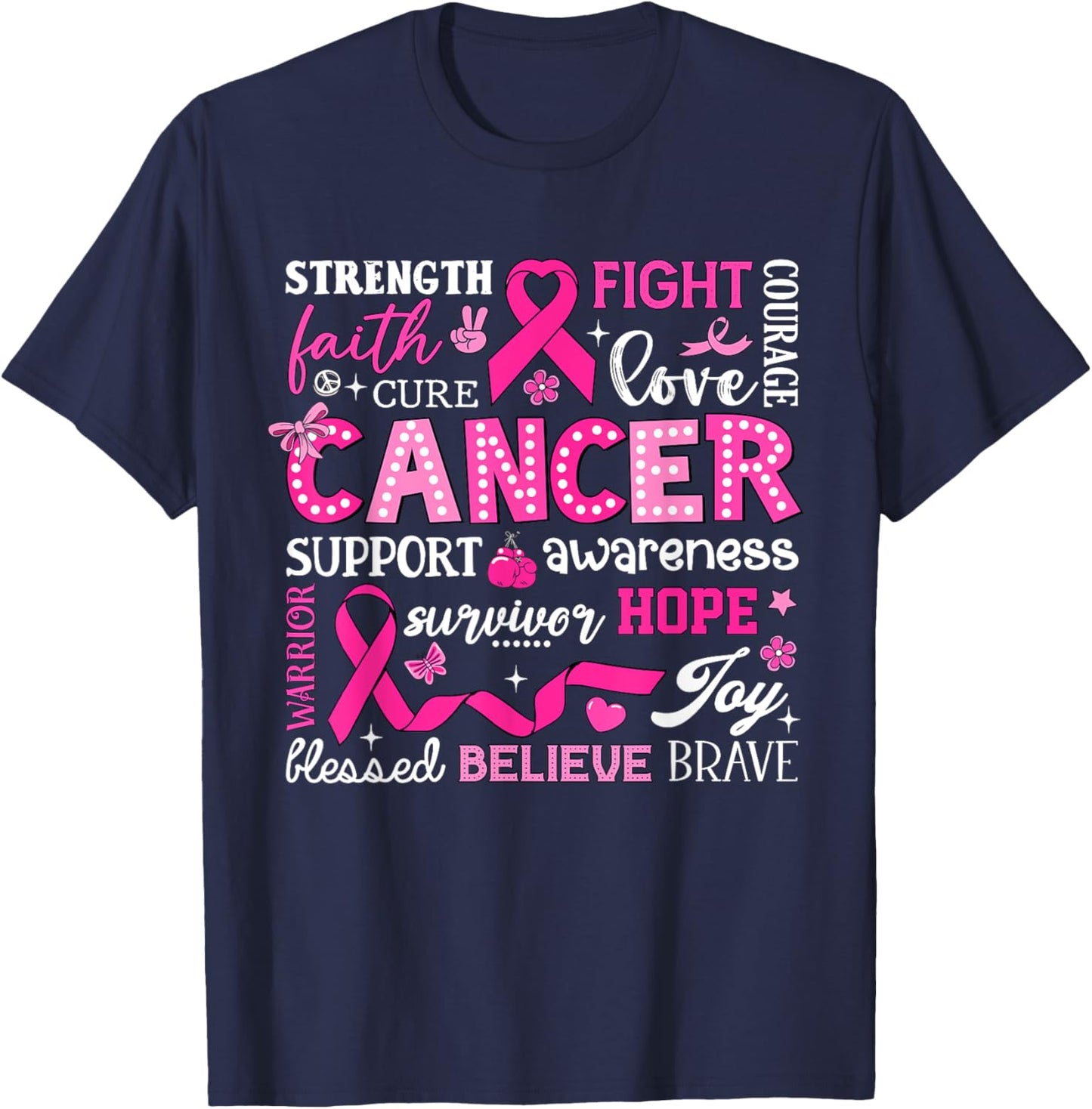 Breast Cancer Awareness Typography Pink Ribbon Bow T-Shirt - T-Shirt | Navy