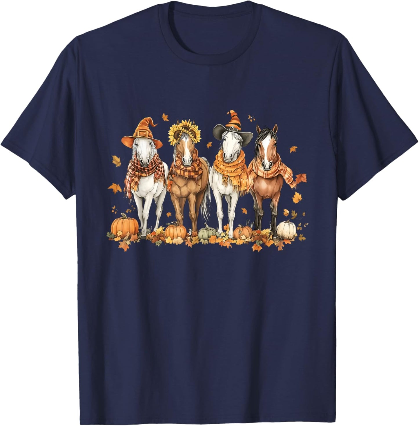 Fall Horse Thanksgiving Horse Autumn Leaves Western Horses T-Shirt - T-Shirt | Navy