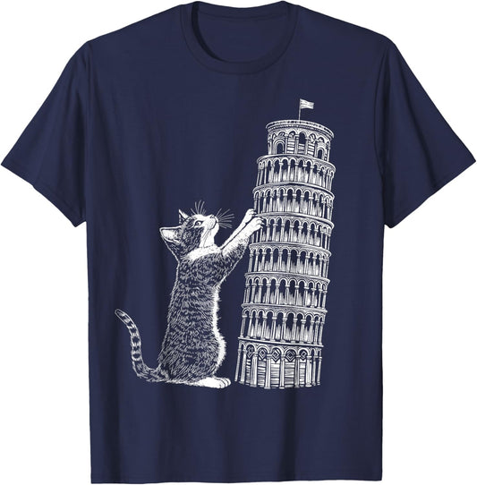 Cat Scratching the Leaning Tower of Pisa – Italy Funny Kitty T-Shirt - T-Shirt | Navy
