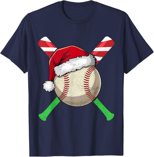 Baseball Christmas Santa Hat Lights Candy Cane Bat Xmas T-Shirt - T-Shirt | Navy