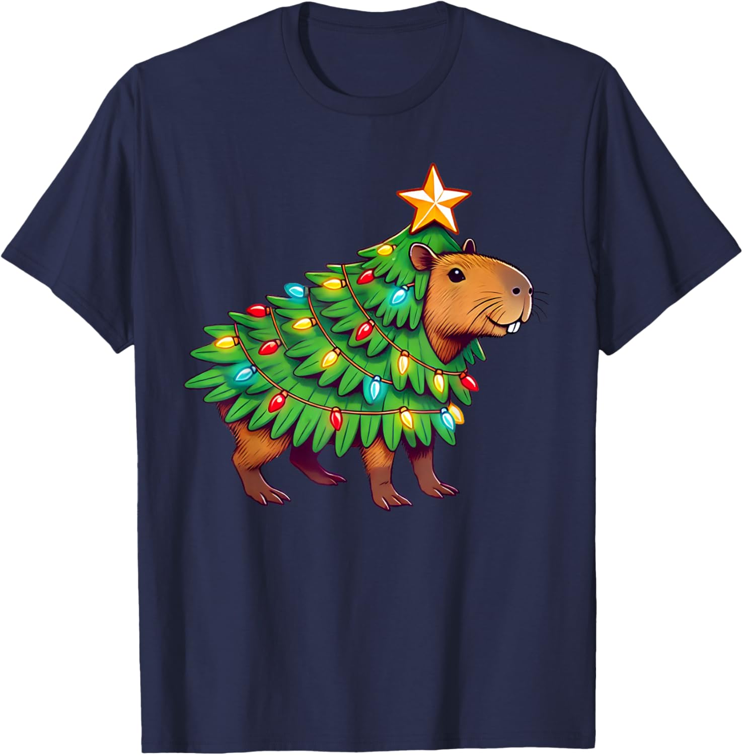 Capybara Christmas & Capypara Gifts -Adult Christmas Black Small Modern Capybara Print Round Collar Short Sleeve T-Shirt - T-Shirt | Navy