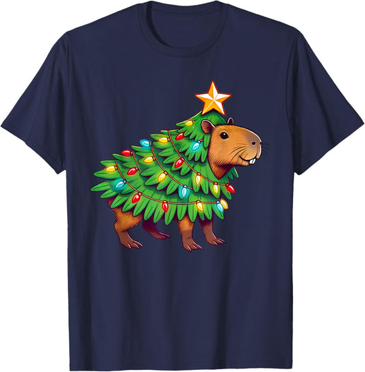 Capybara Christmas & Capypara Gifts -Adult Christmas Black Small Modern Capybara Print Round Collar Short Sleeve T-Shirt - T-Shirt | Navy