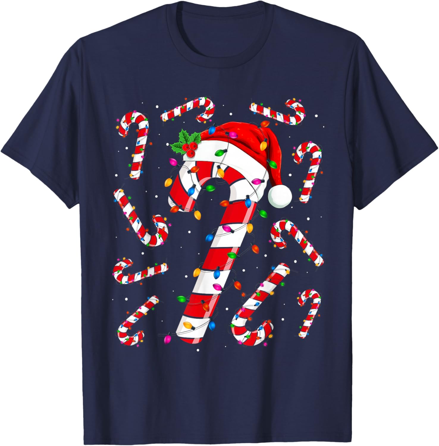 Red and White Candy Cane Santa Christmas Funny Xmas Lights T-Shirt - T-Shirt | Navy