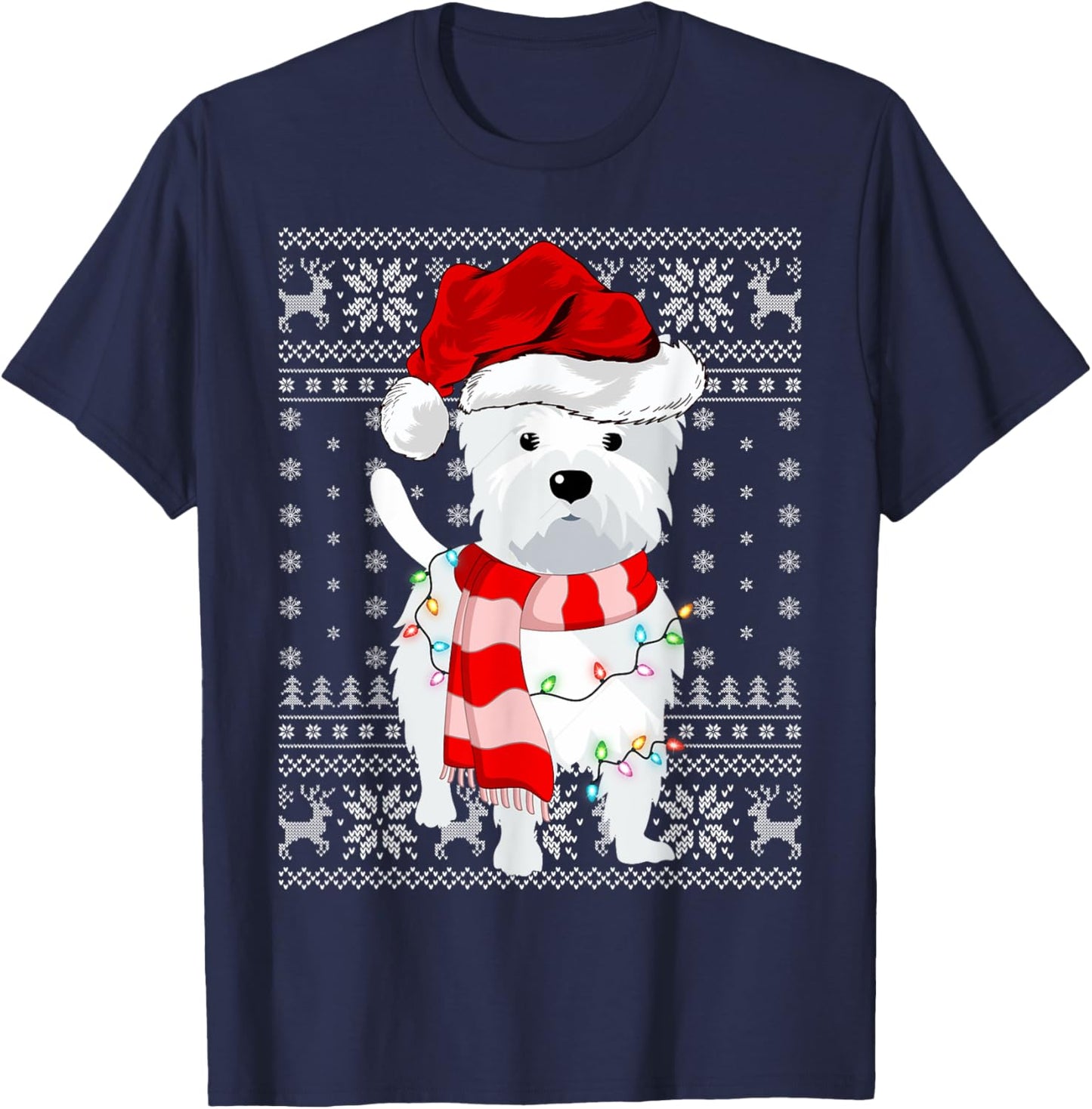 Ugly Sweater Xmas Lights Santa Hat Westie Dog Christmas Men Women Kids T-Shirt - T-Shirt | Navy