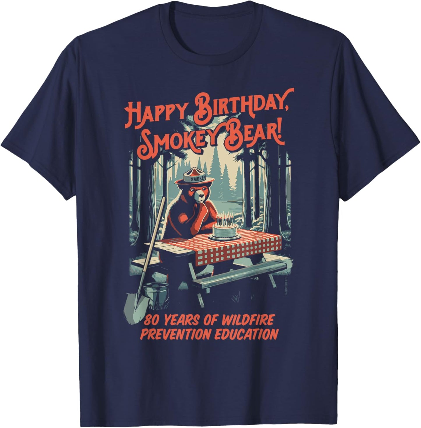 Happy 80th Birthday Smokey Bear 1944-2024 Retro Picnic T-Shirt - T-Shirt | Navy