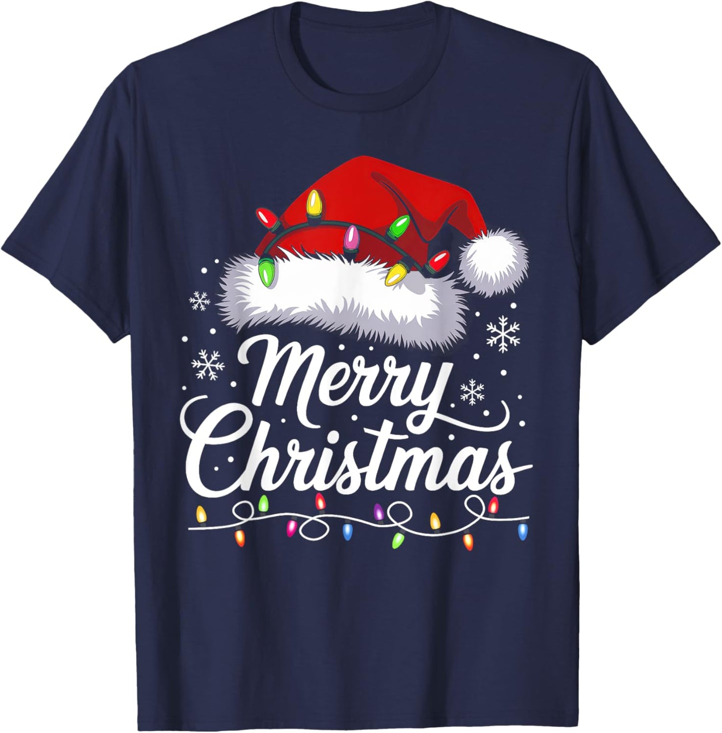 Merry Christmas Lights Santa Hat Funny Xmas Family Men Women T-Shirt - T-Shirt | Navy