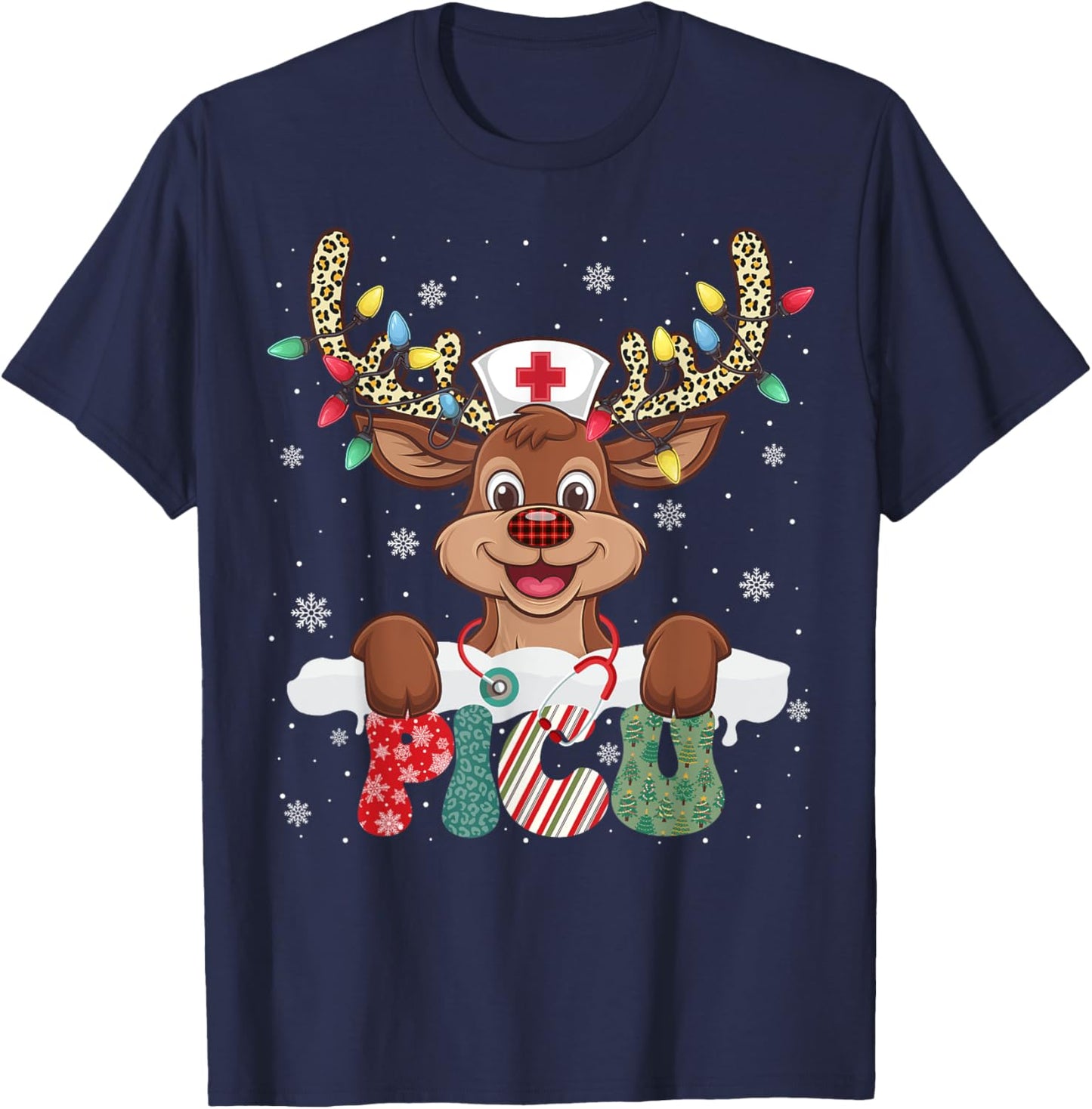 PICU Nurse Reindeer Nurse Hat Christmas Light Women Girl T-Shirt - T-Shirt | Navy