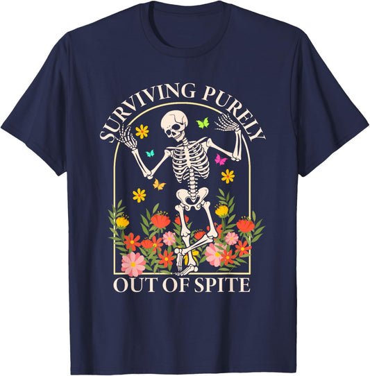 Surviving Purely Out Of Spite Funny Dancing Floral Skeleton T-Shirt - T-Shirt | Navy
