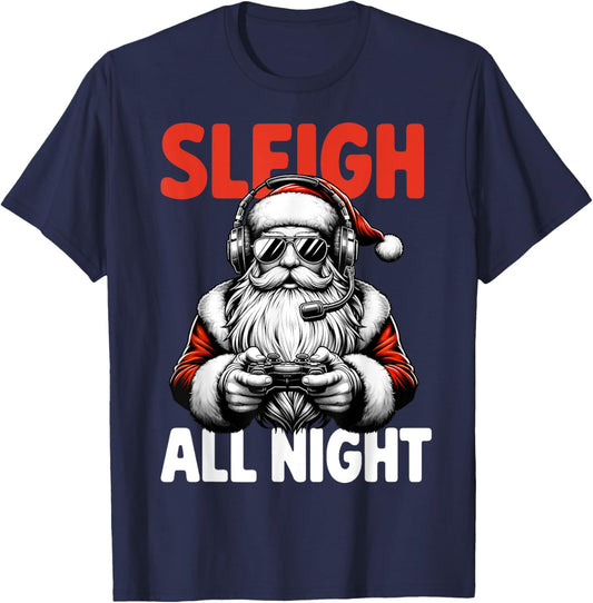 Christmas Gamer Boys Sleigh All Night Video Game Santa Xmas T-Shirt - T-Shirt | Navy