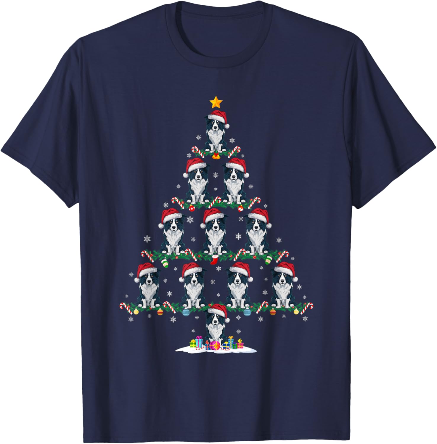 Border Collie Dog Christmas Tree Pajama Men Women Kids Ugly T-Shirt - T-Shirt | Navy