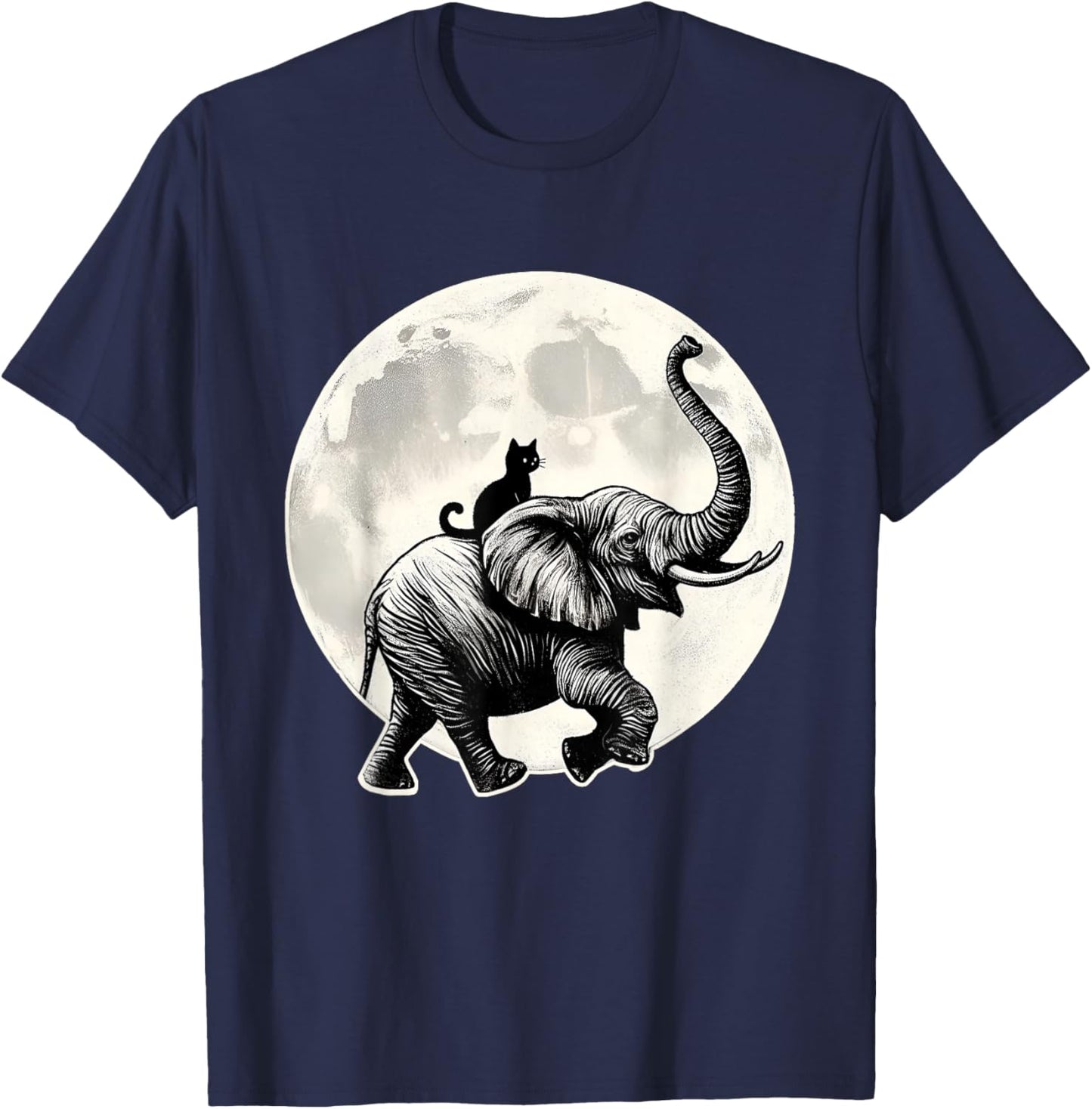 Cat Sitting Elephant Animal Elephant Lovers in The Moon T-Shirt - T-Shirt | Navy