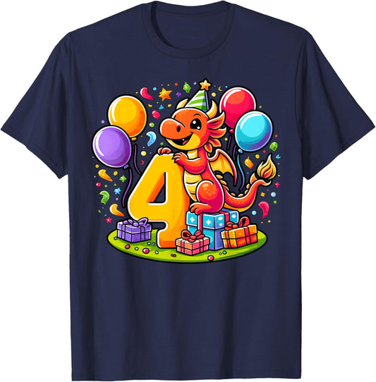 Kids Dragon Theme fourth Bday Party 4th Dragon Birthday T-Shirt - T-Shirt | Navy