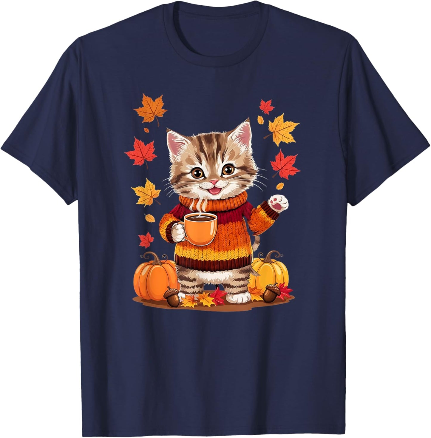 Cute Kitten With Sweater Funny Fall Graphic T-Shirt - T-Shirt | Navy