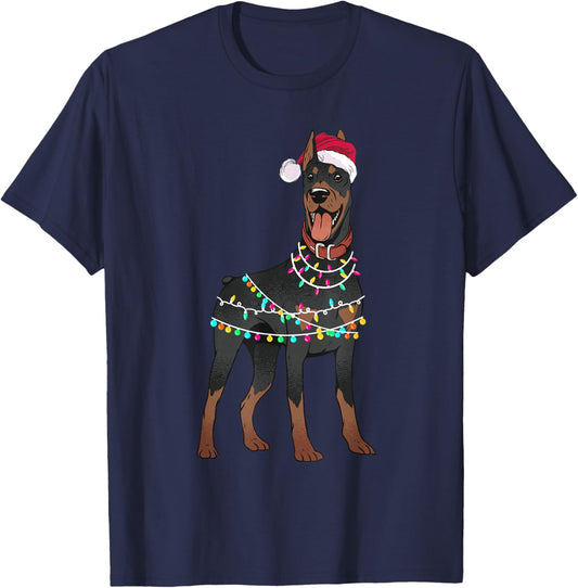 Doberman Santa Christmas Lights Dog T-Shirt - T-Shirt | Navy