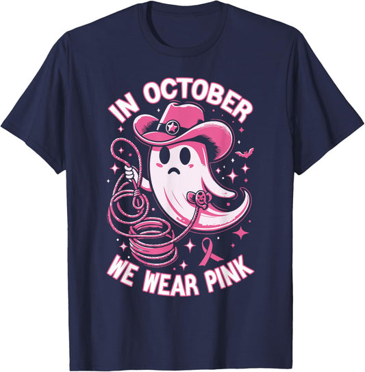 In October We Wear Pink Cowboy Ghost Halloween Breast Cancer T-Shirt - T-Shirt | Navy
