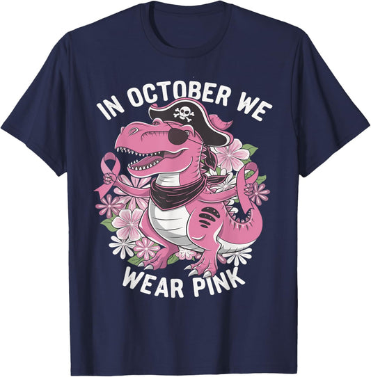 In October We Wear Pink Dinosaur Pirate Breast Cancer T-Shirt - T-Shirt | Navy