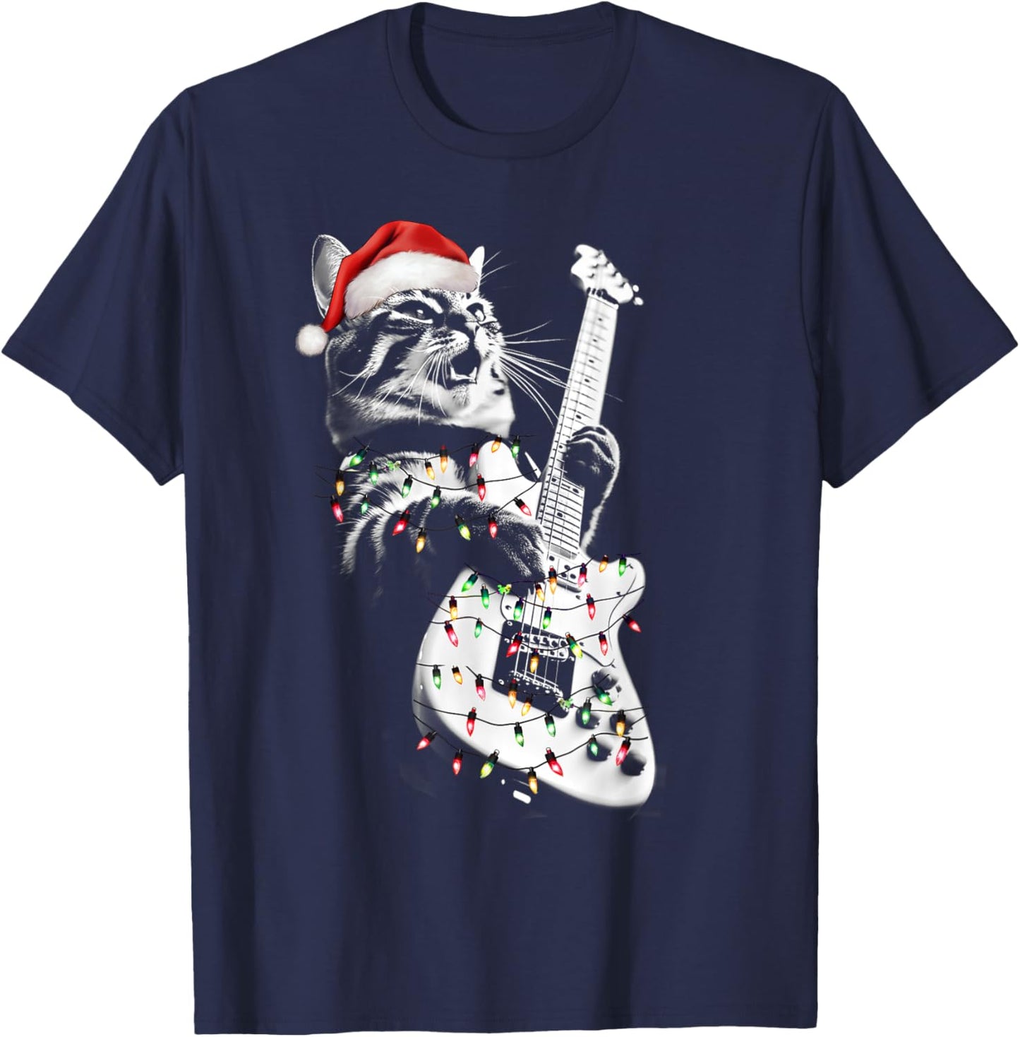 Rock Cat Playing Guitar Funny Guitar Cat Christmas Group Women Kids T-Shirt - T-Shirt | Navy