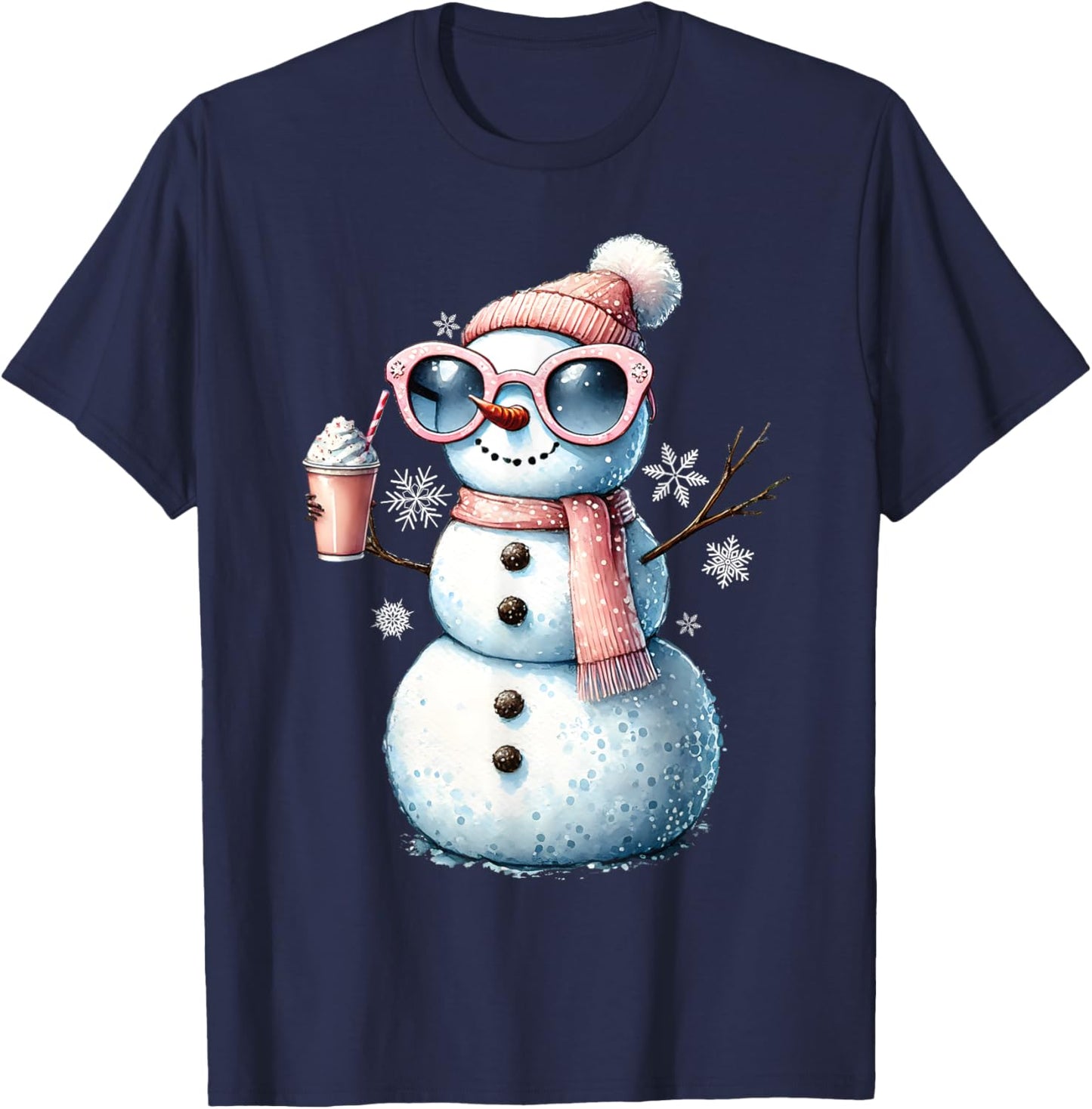 Xmas Snowman Drinking Hot Chocolate Bougie Women Christmas T-Shirt - T-Shirt | Navy