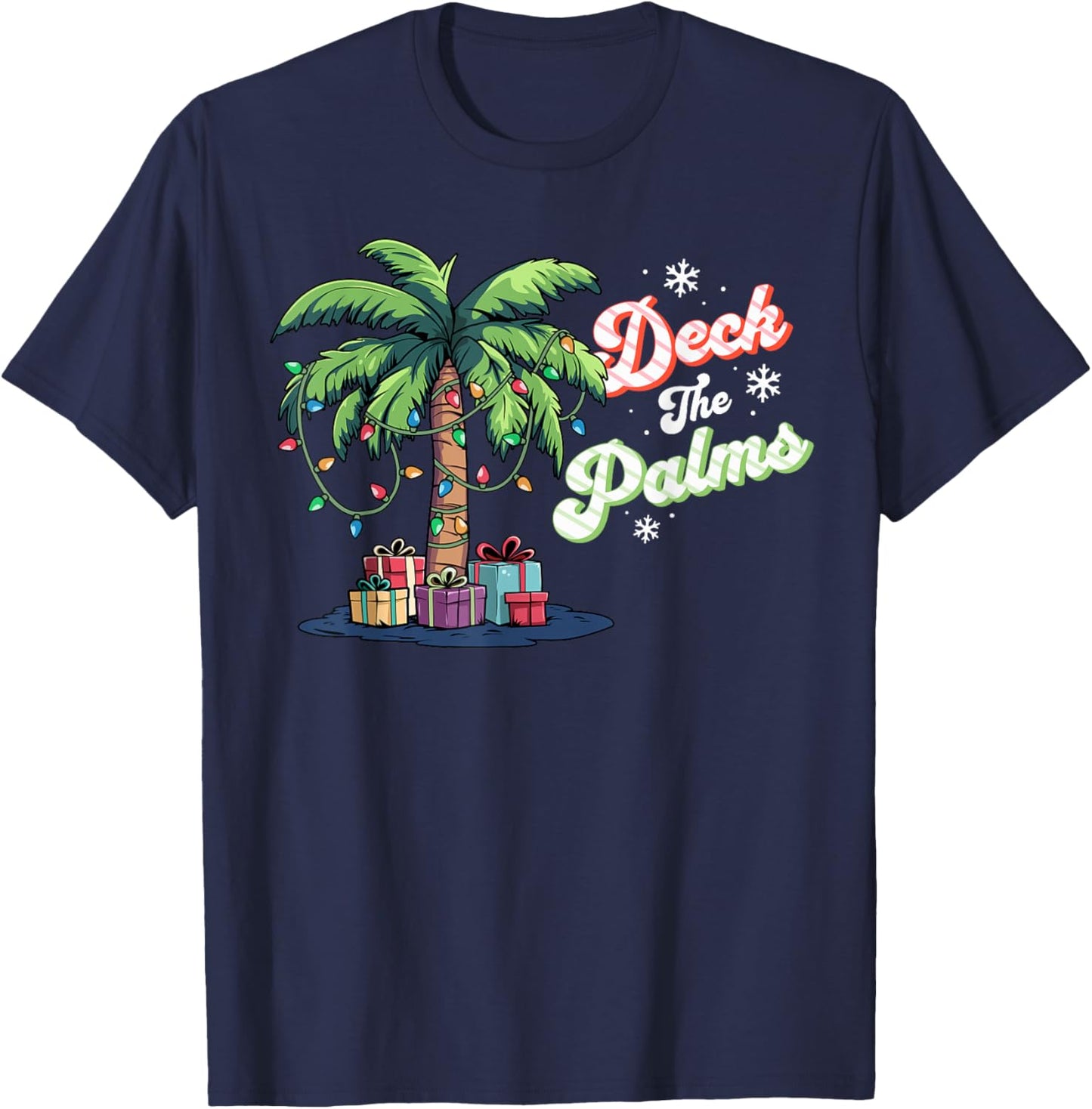 Deck The Palms Florida Hawaii Tropical Christmas Palm Tree T-Shirt - T-Shirt | Navy