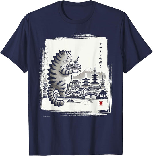 Kawaii Cat Ramen Catzilla Japanese Men Women Kids Funny Cat T-Shirt - T-Shirt | Navy