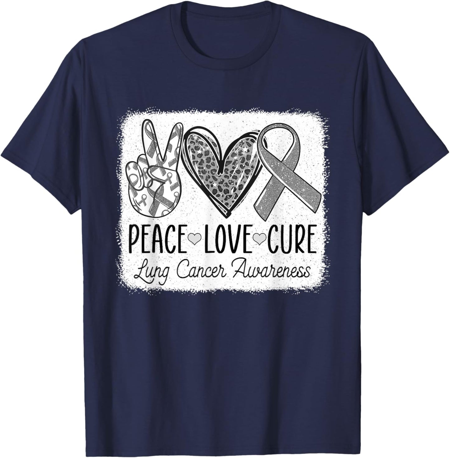Lung Cancer Awareness Peace Love Cure White Ribbon T-Shirt - T-Shirt | Navy