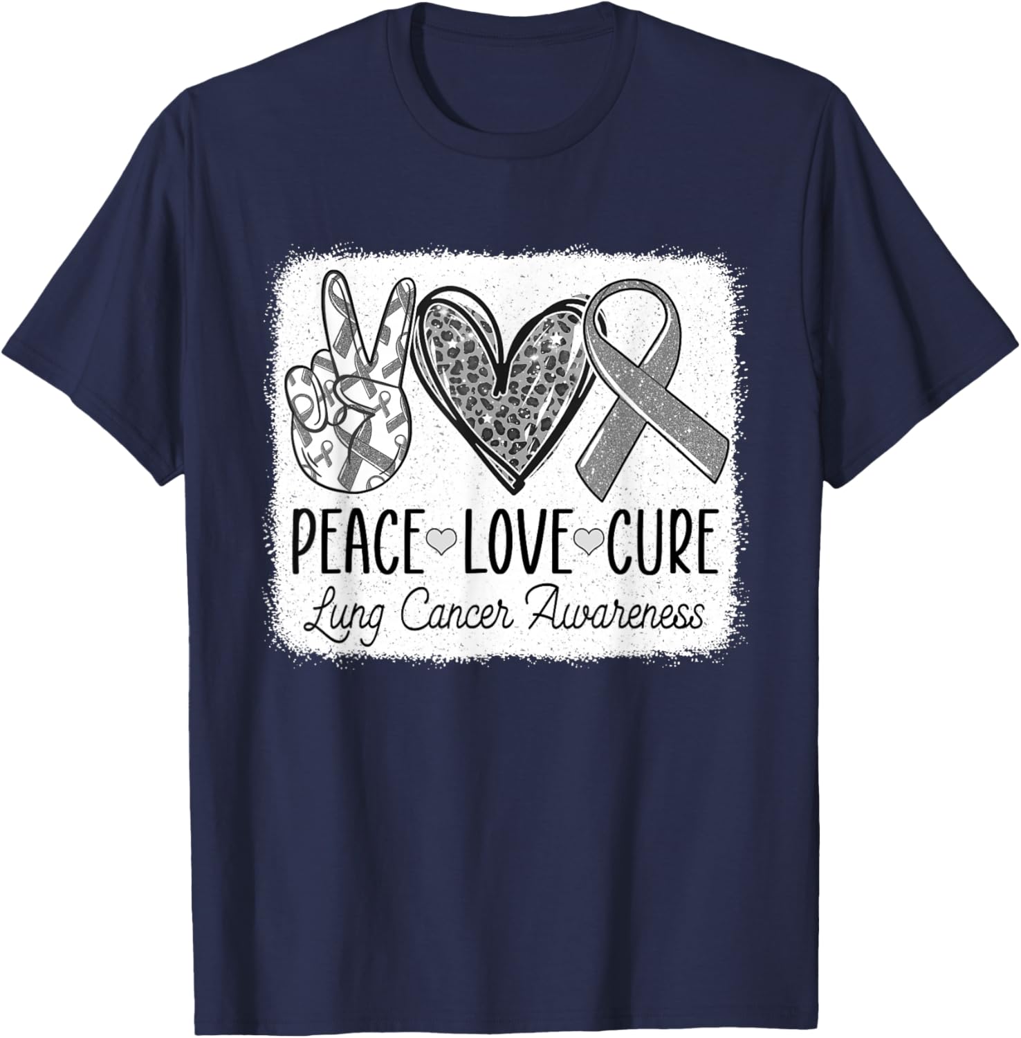 Lung Cancer Awareness Peace Love Cure White Ribbon T-Shirt - T-Shirt | Navy