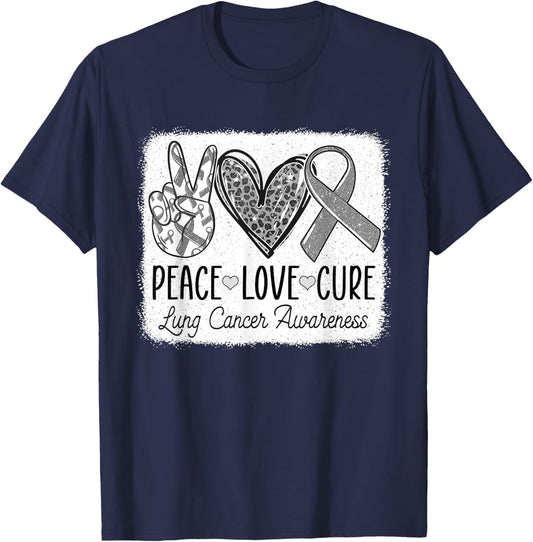 Lung Cancer Awareness Peace Love Cure White Ribbon T-Shirt - T-Shirt | Navy