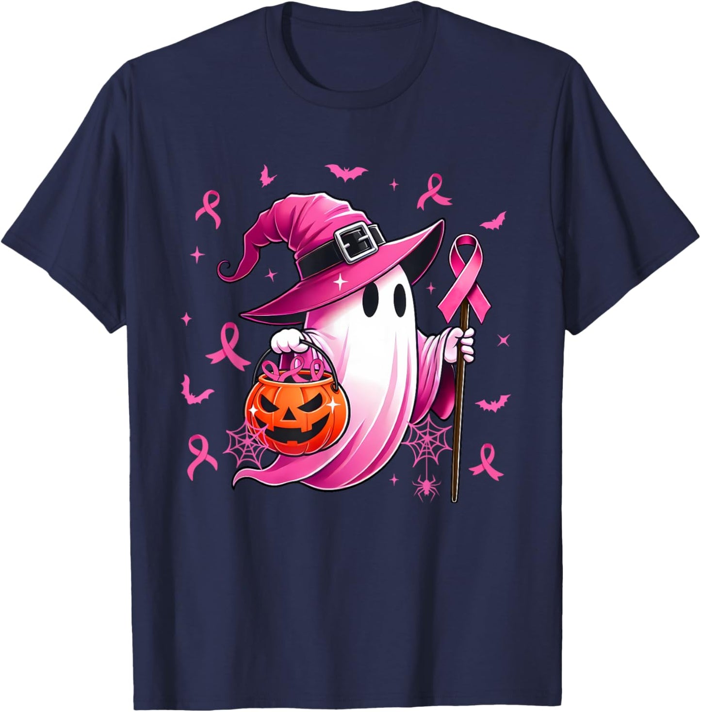 Halloween Pink Ghost Witch Breast Cancer Awareness Women T-Shirt - T-Shirt | Navy