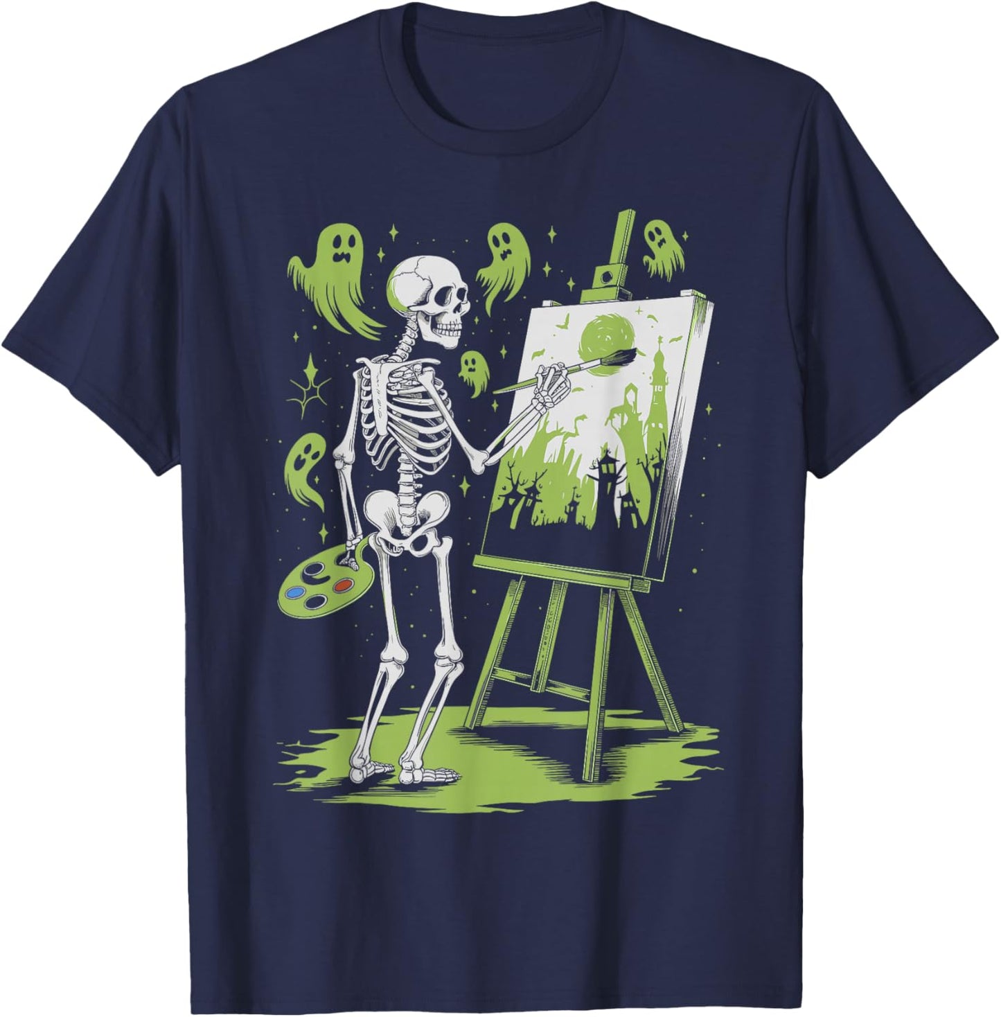 Skeleton Art Painting Lovers Spooky Halloween Artist Drawing T-Shirt - T-Shirt | Navy