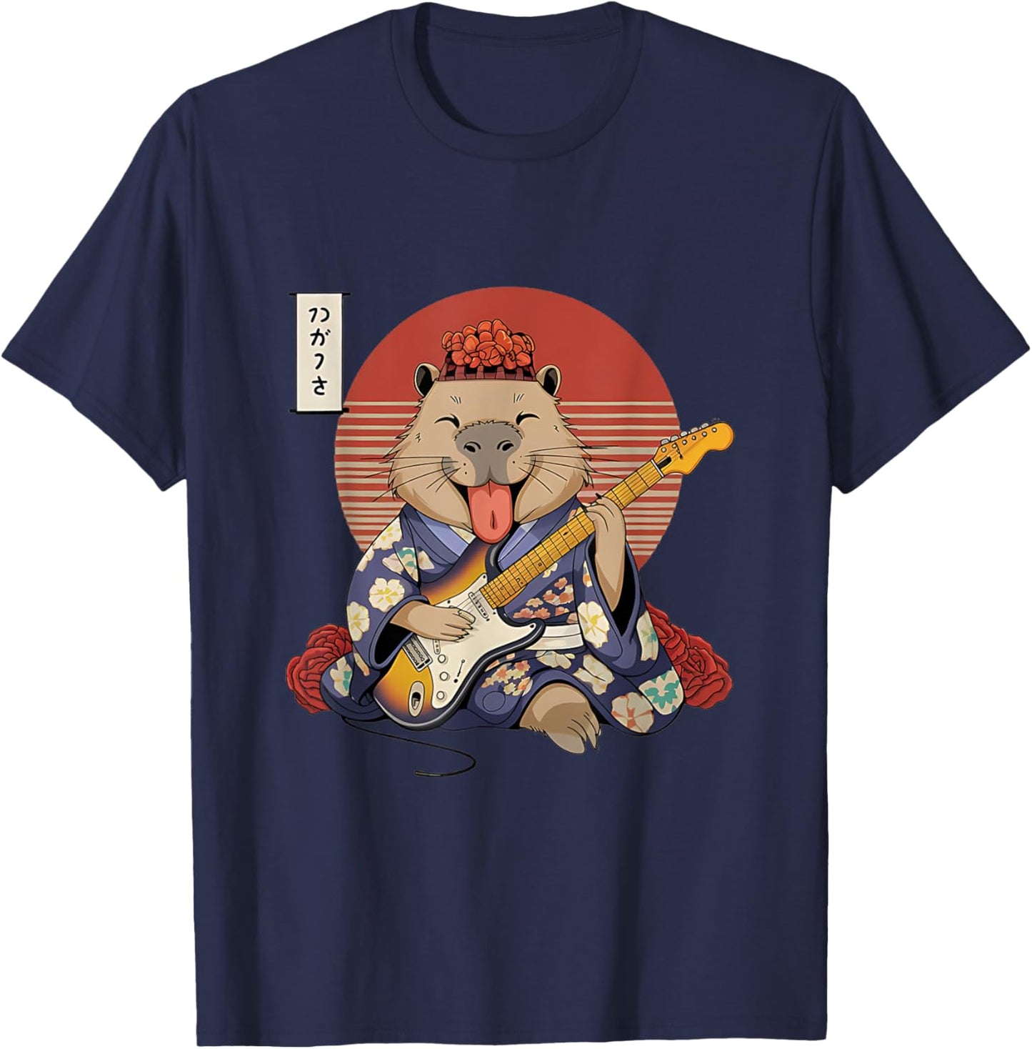 Japanese Samurai Capybara Guitar Kawaii Kimono Manga T-Shirt - T-Shirt | Navy