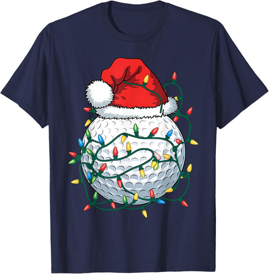 Golf Ball Santa Hat Men Christmas Golfing Xmas Lights T-Shirt - T-Shirt | Navy