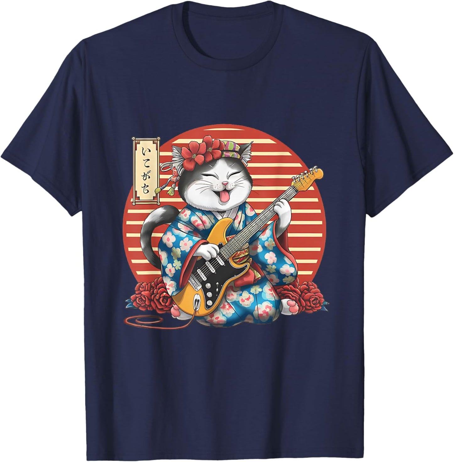 Japanese Samurai Cat Guitar Kawaii Kimono Manga T-Shirt - T-Shirt | Navy