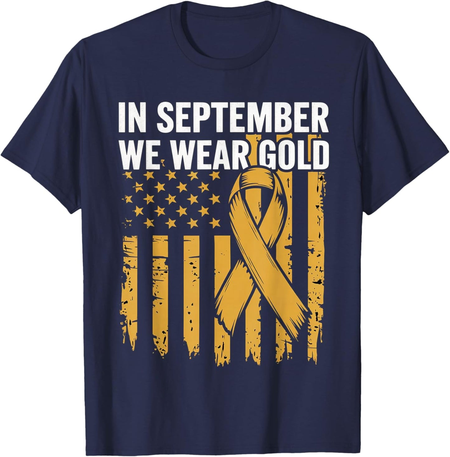 In September We Wear Gold Childhood Cancer Awareness Us Flag T-Shirt - T-Shirt | Navy