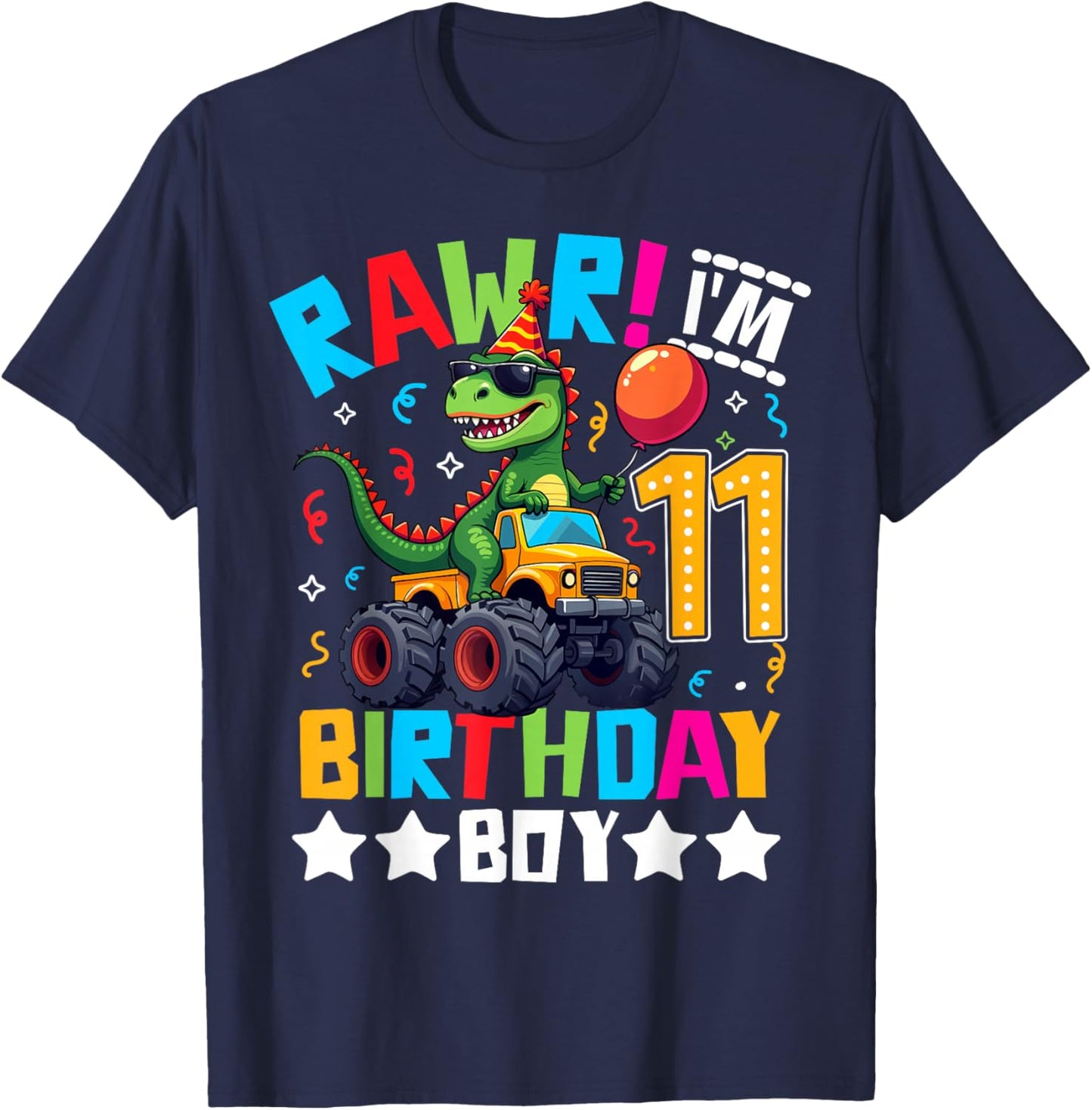 Monster Truck 11th Birthday Shirt Dinosaur Happy Bday T-rex T-Shirt - T-Shirt | Navy